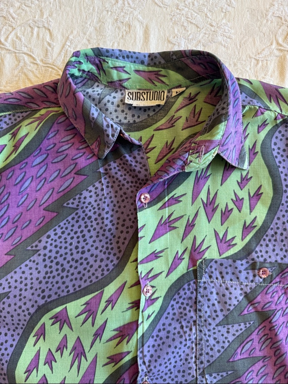 Unique Vintage Green & Purple Abstract Print Short-Sleeve Button-Up Shirt